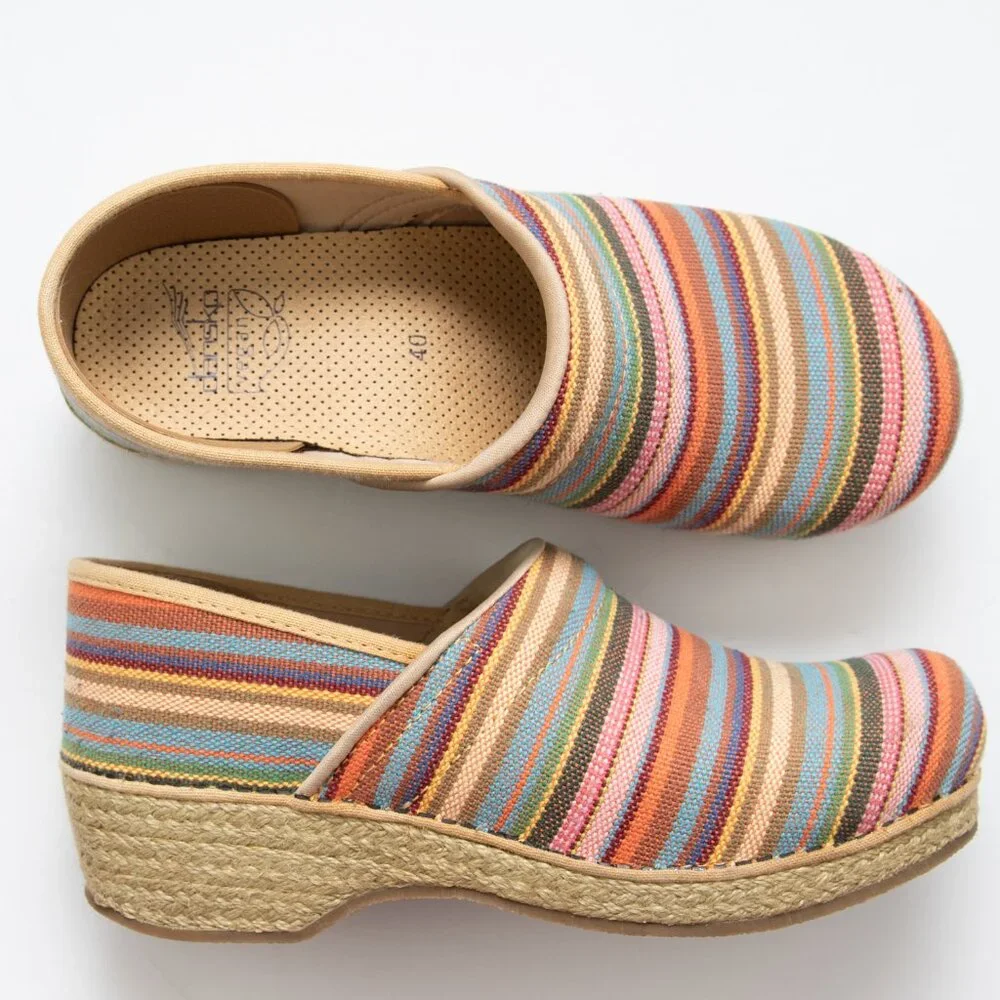 Dansko Jute Pro Clogs Stripe Shoes Vegan Multicolor Comfy Slip On Size 40